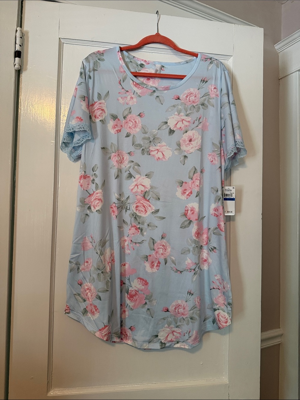 Flora Nikrooz Light Blue Nightshirt with Pink Rose Print